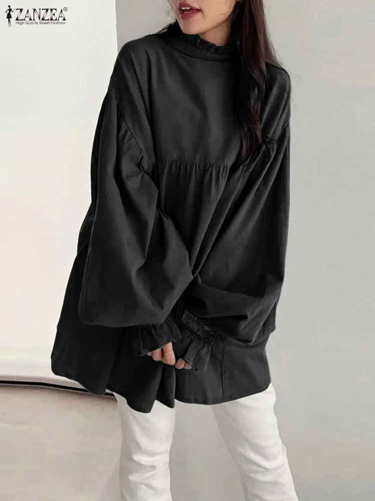 

ZANZEA 2022, элегантная женская модная блузка, топы с длинными рукавами и рюшами, осенние повседневные свободные блузки с круглым вырезом на шнуровке, женские однотонные рубашки