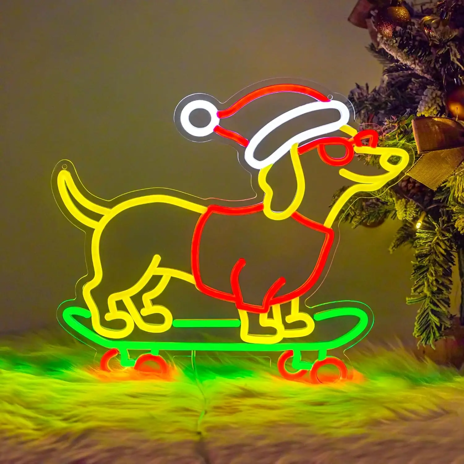 Sausage Skateboard Dog Neon Light Sign for Bedroom Wall Window Decor Dimmable LED Cute Neon Light for Pet Store Ski Resort Decor