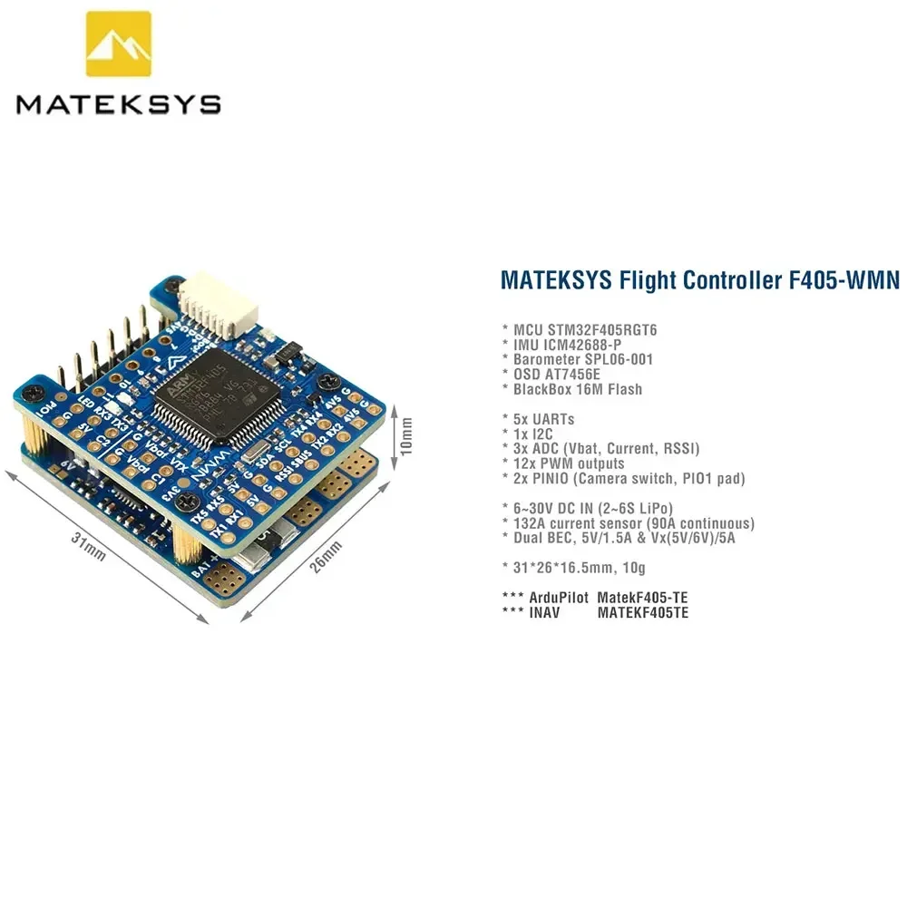 

Контроллер полета MATEK F405-WMN F405, STM32F405RGT6 W/ Baro OSD Blackbox 132A, Датчик тока 2-6S Lipo для дрона с фиксированным крылом FPV