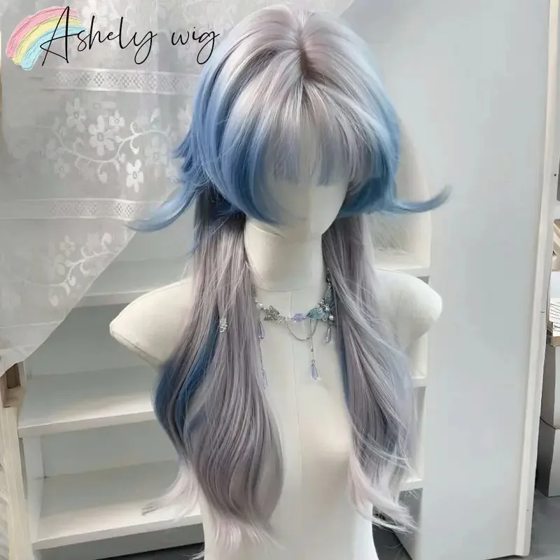

Ashely Mullet Ombre Серый Синий Парик с Челкой Повязка на Голову Парики с Челкой Высокотемпературное Волокно Синтетические Прямые Волосы Парик Косплей