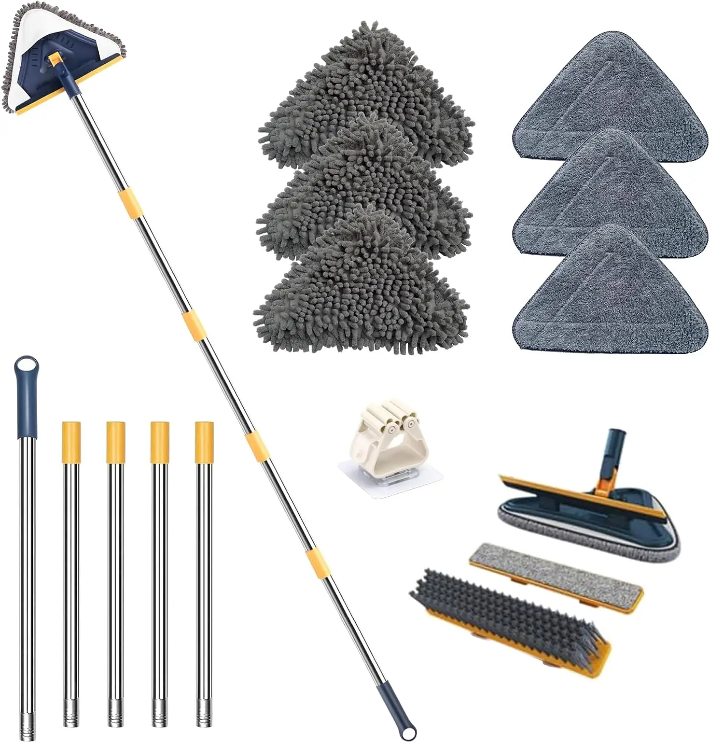 

Wall Cleaner Mop with Long Handle, 5-in-1 Wall Cleaning Dust Mop with 6 Replacement Chenille Microfiber Pads, Squeegee, Scrub