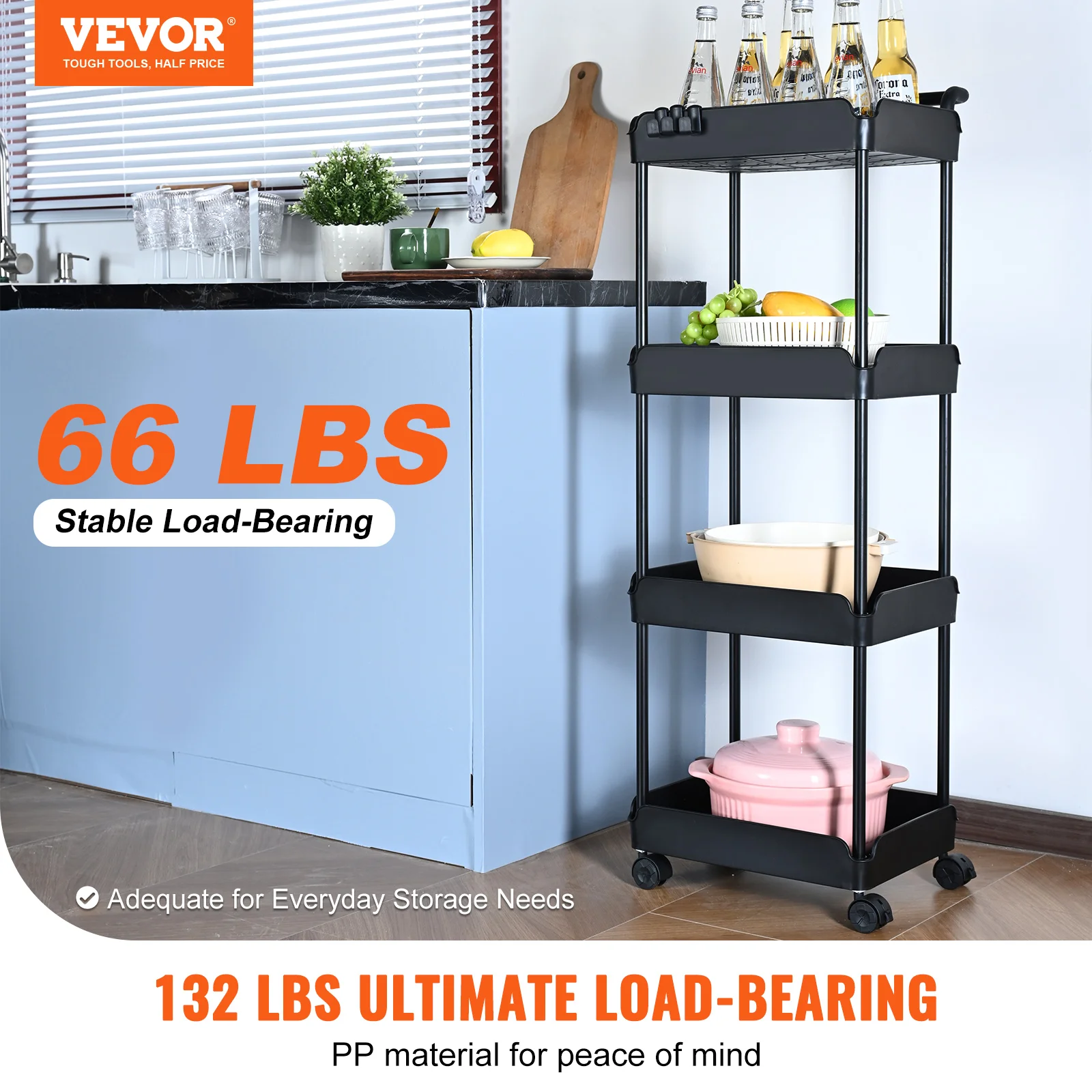 VEVOR 3/4-Tier Rolling Utility Cart with Handle Lockable Wheels Storage Trolley for Living Room Kitchen Movable Basket Shelves