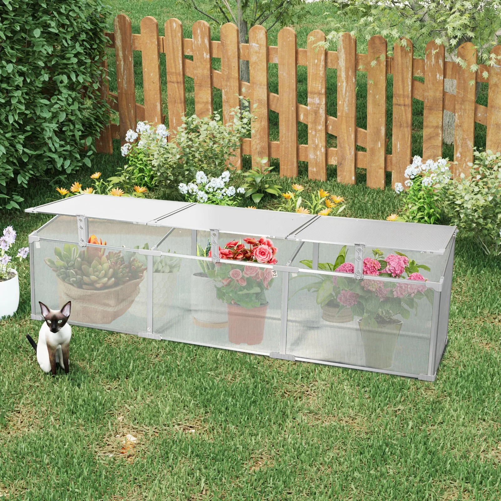 Outdoor Polycarbonate Greenhouse Silver Aluminium Openable Top for Garden Patio