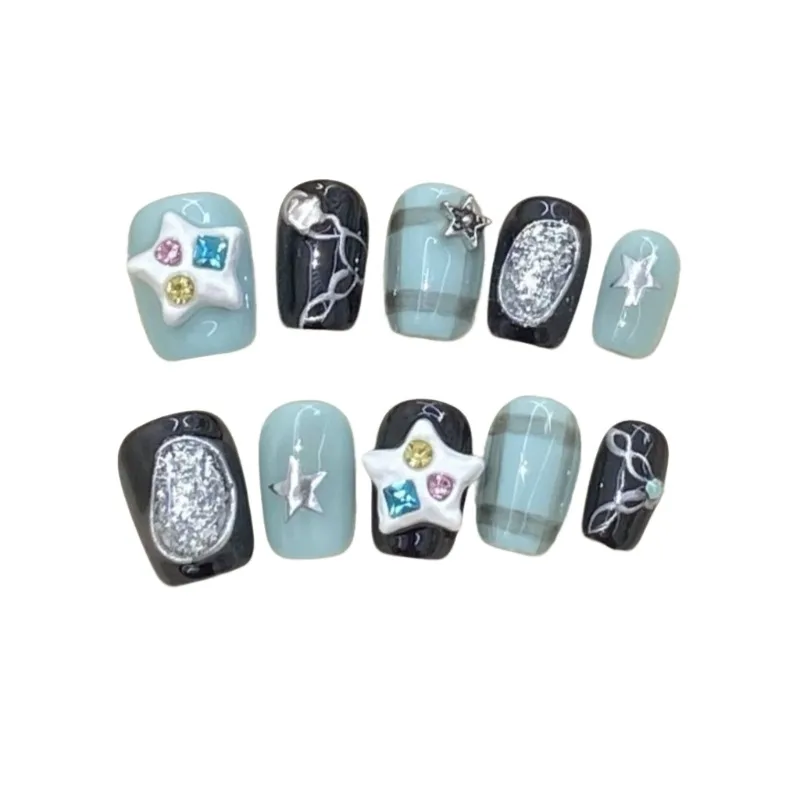 10 قطع فتاة حارة Y2k نجوم اليدوية اضغط على الأظافر الأسود والأزرق اللون الصدام قصيرة الأظافر وهمية القابلة للإزالة قابلة لإعادة الاستخدام #3