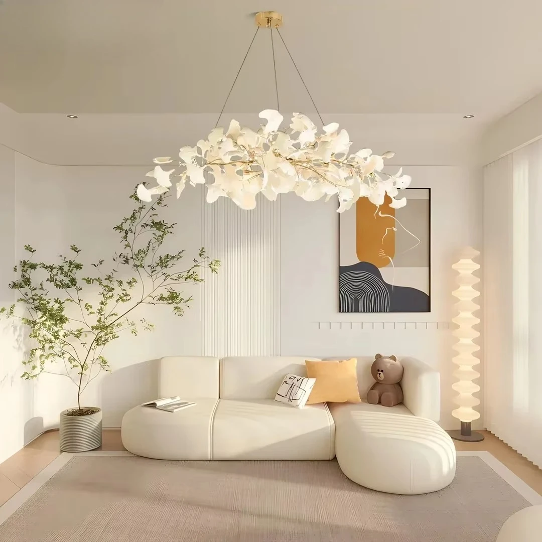 Scandinavian Golden Silver Long White Ginko Leaf Chandelier Lightlustre Suspension Living Room Dining Room Bedroom Decoration