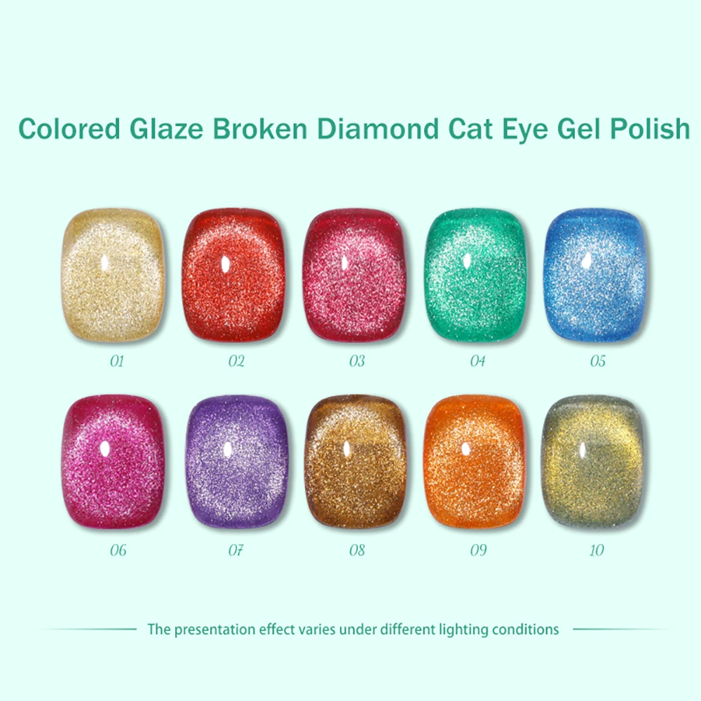 Vendeeni 10 Colors Glitter Broken Diamond Cat Eye Gel Nail Polish Magnetic UV Soak Off Gel Varnish Rainbow Cat Eye Gel Lacquer