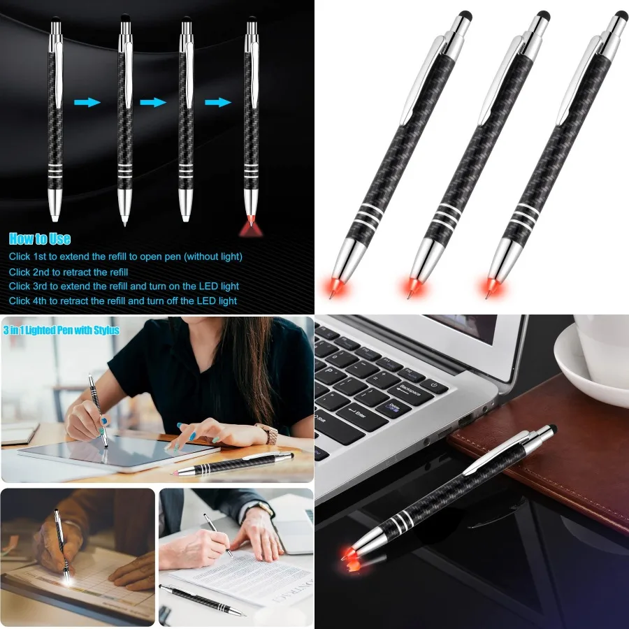 

Lighted Tip Pen with Stylus 3-in-1 - LED Penlight Light Up Pen Light Ballpoint Pen with Light for Writing in the Dark - Pack of
