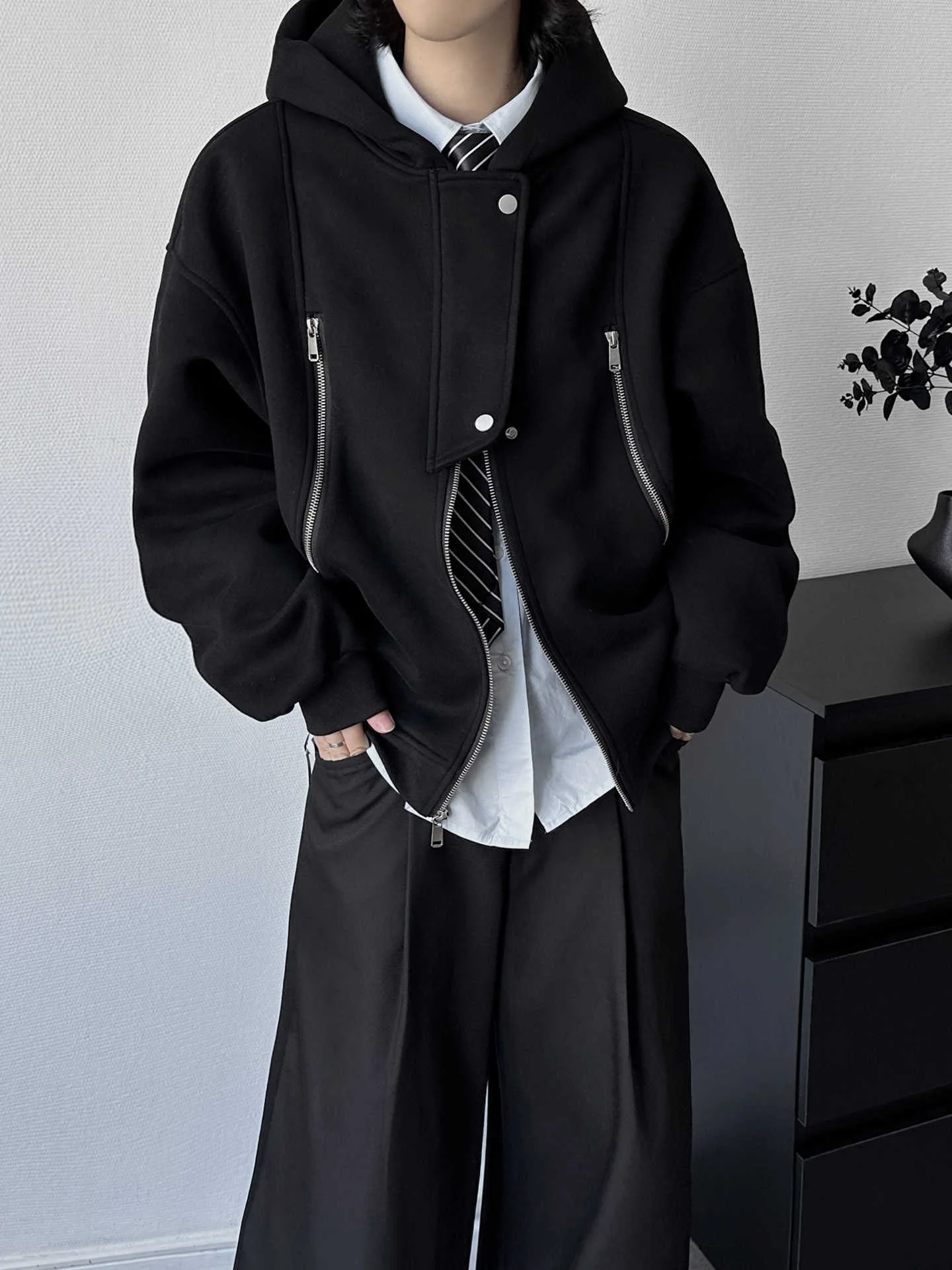 

k Decosition Design Color Hoodie Autumn Winter Heavyweight ex Loose Multiple Zipper Functional Open Cardigan ...