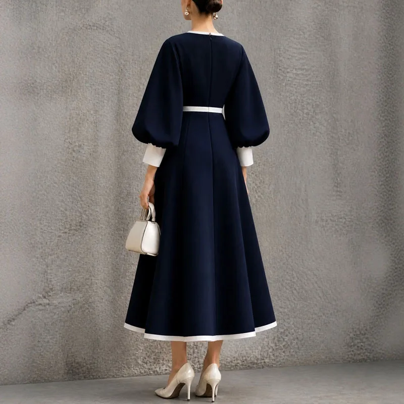 Women Color Block Maxi Dress O Neck Puff Lantern Sleeve Contrast Striped Trim High Waist Flowy Dress Elegant Wedding Guest Dress