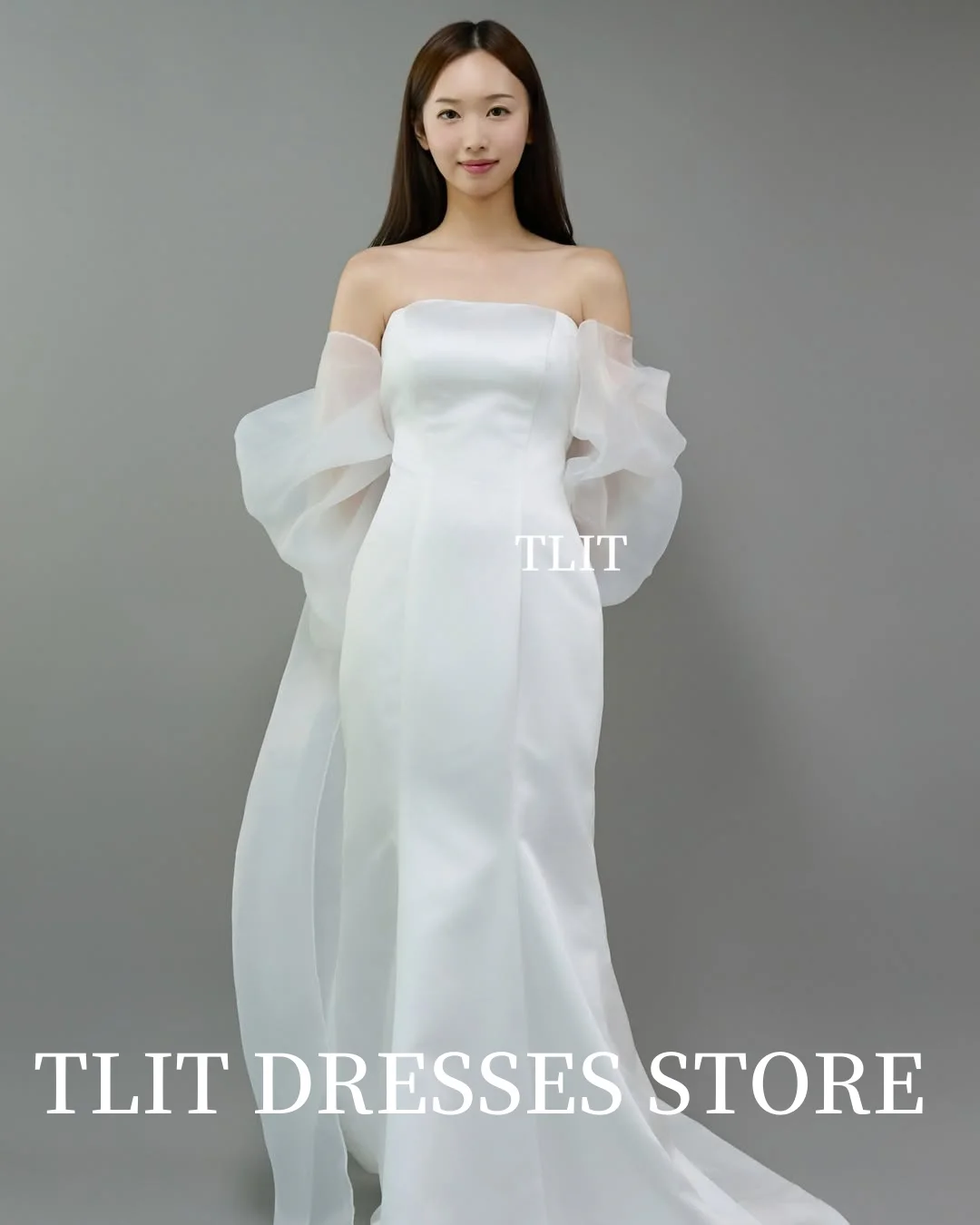 TLIT シンプルなホワイトサテンのウェディングドレス ストラップレス ロングショール ブライダルドレス 韓国のウェディングドレス 写真撮影 カスタマイズ 웨딩드레