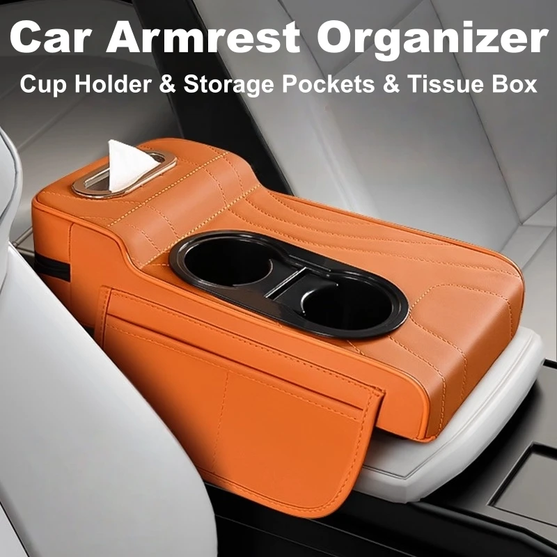 

5-in-1 Car Armrest Organizer with Cup Holder, Storage Pockets & Tissue Box - Heavy-Duty Faux Leather Center Console Organizer