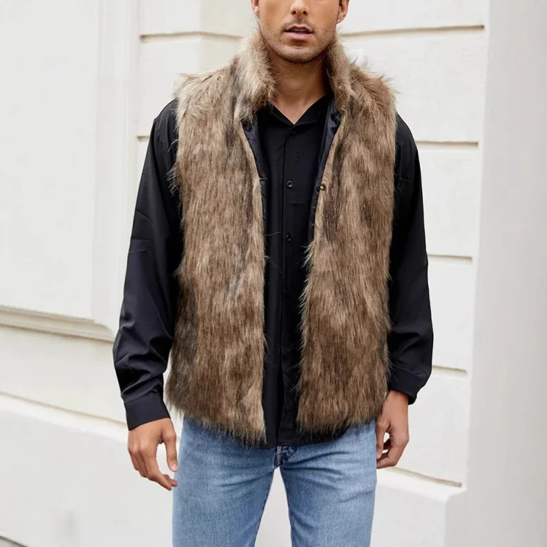 Mens Imitation Fur Stand-up Collar Vest Imitation Fox Fur Vest Warm and Cold Proof