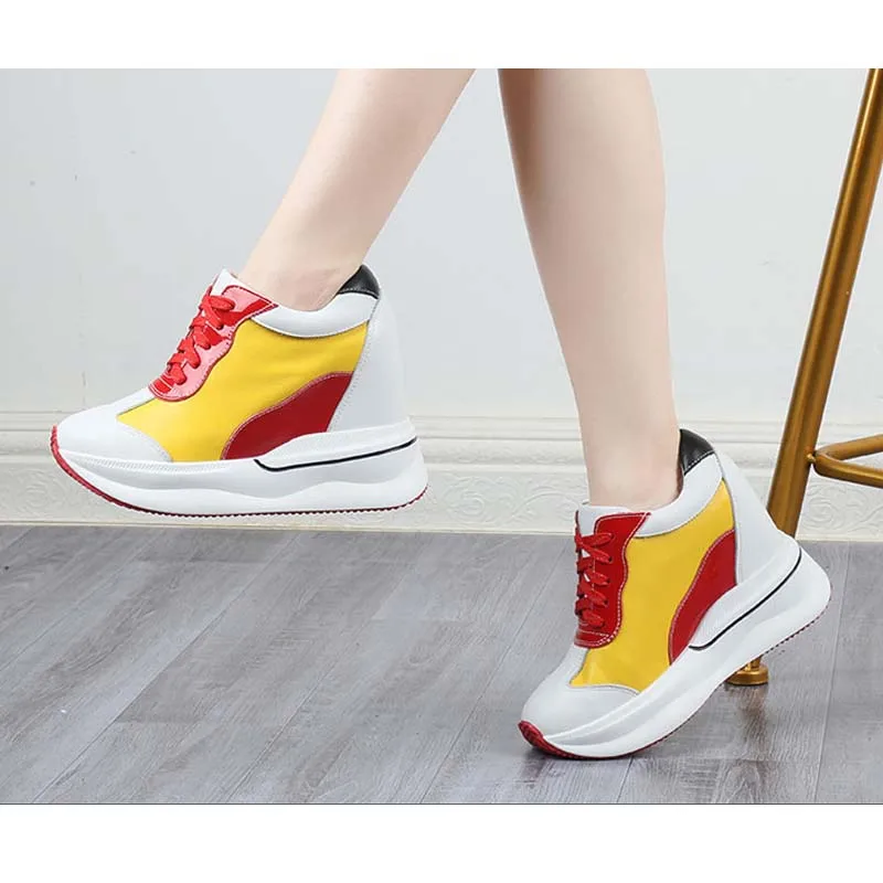 Women Sneakers Genuine Leather Thick Sole Height Increasing 11CM High Heels Wedges Pumps Ladies High Quality Outdoor Casual Shoe