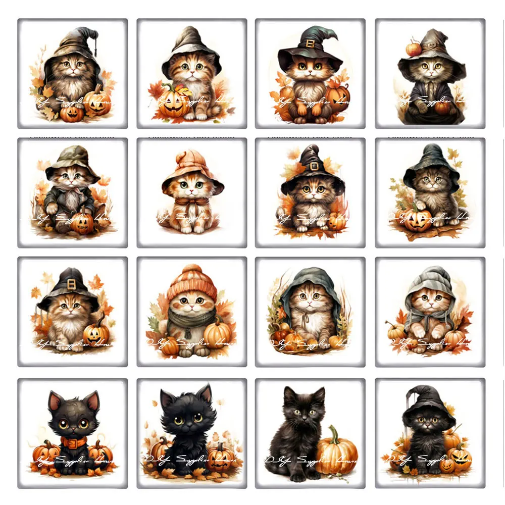 

10pcs/lots Halloween Witch Hat Cute Cats Pumpkin Face Square Photo Glass Cabochon Demo Flat Back Cameo For Diy Jewelry Making