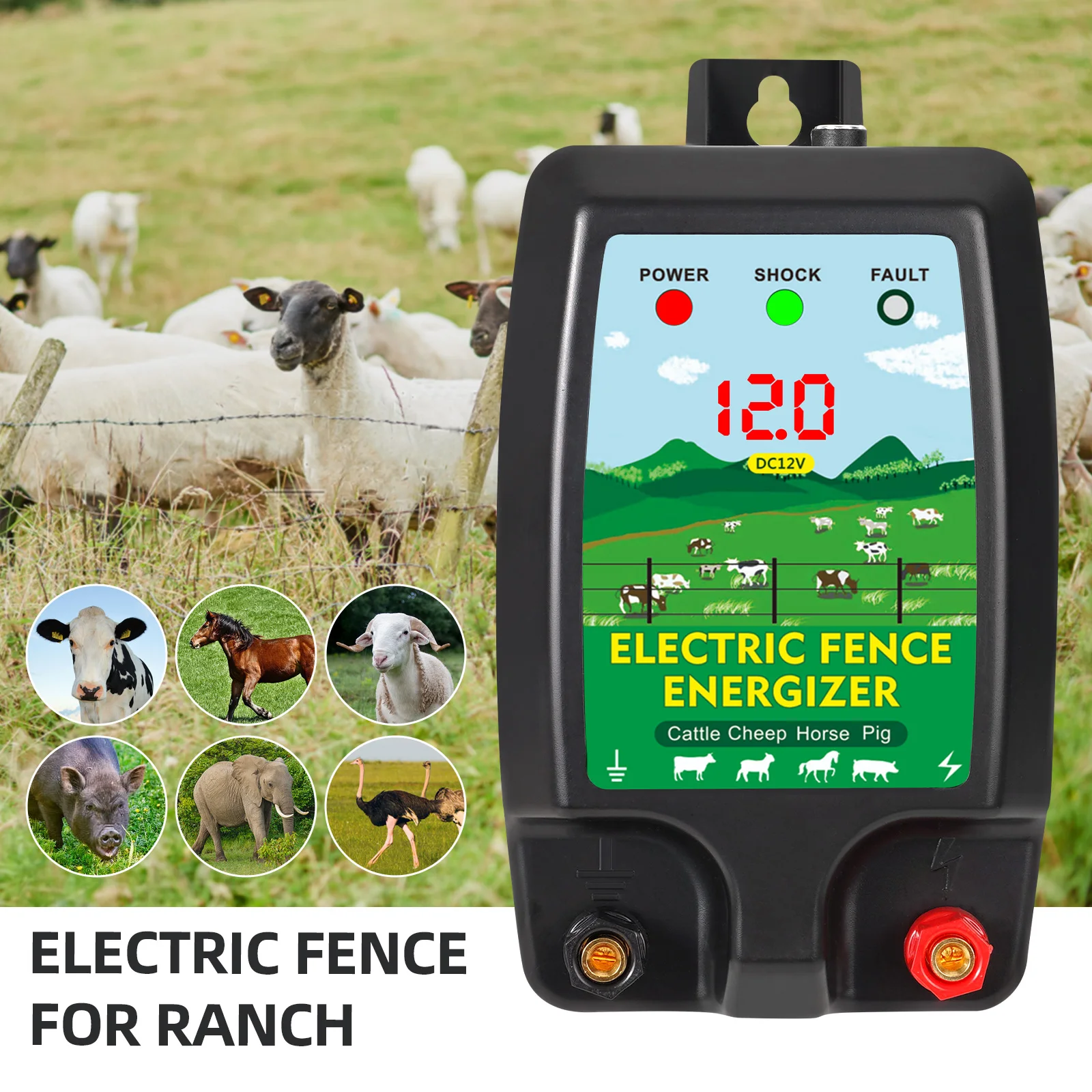 

10KM Electric Fence Energizer High Voltage Controller Ranch Fence Energizer Tool for Farm Animals Sheep Cattle Horse Poultry