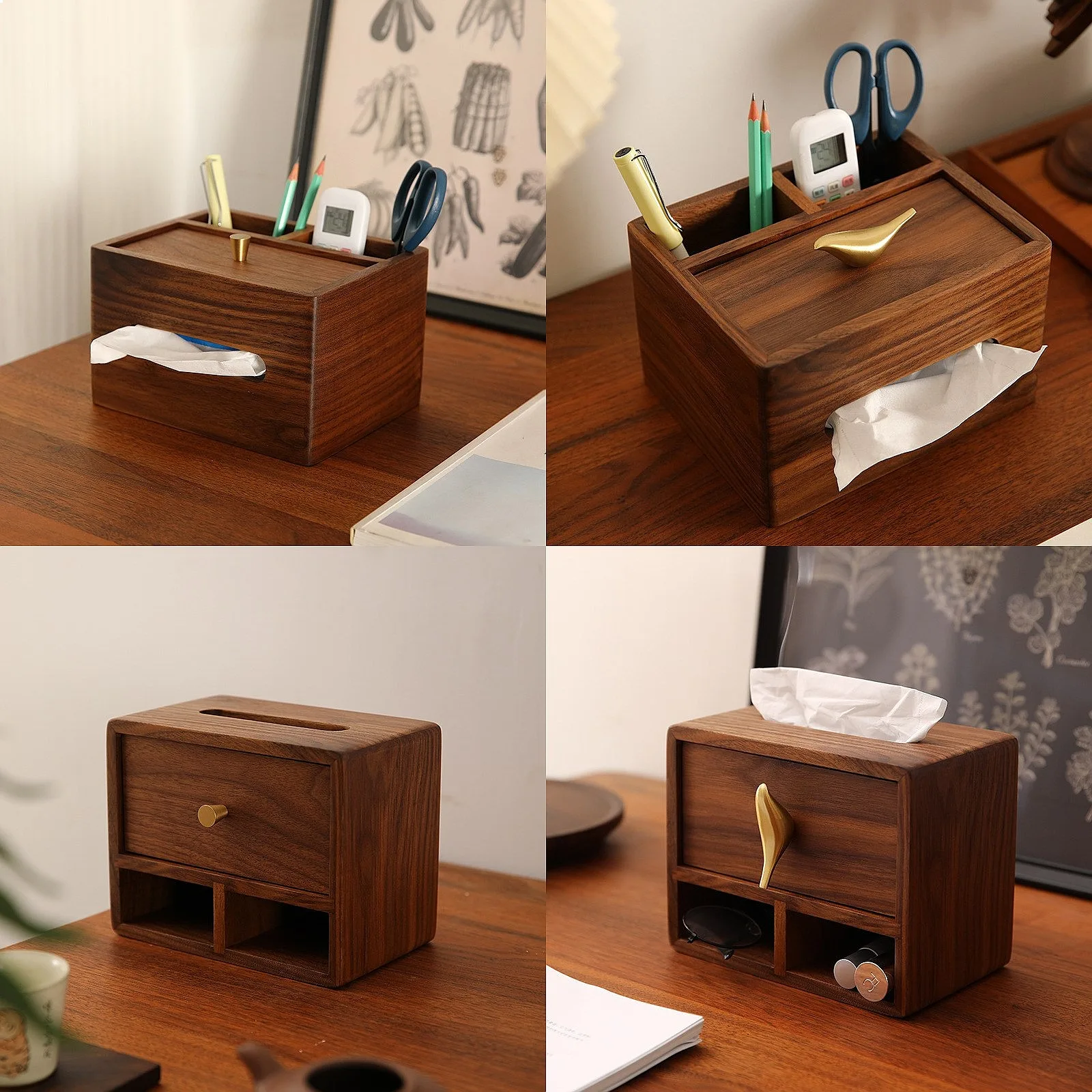 Black Walnut Solid Wood Tissue Box Remote Holder Multifunctional Desk Storage Organizer