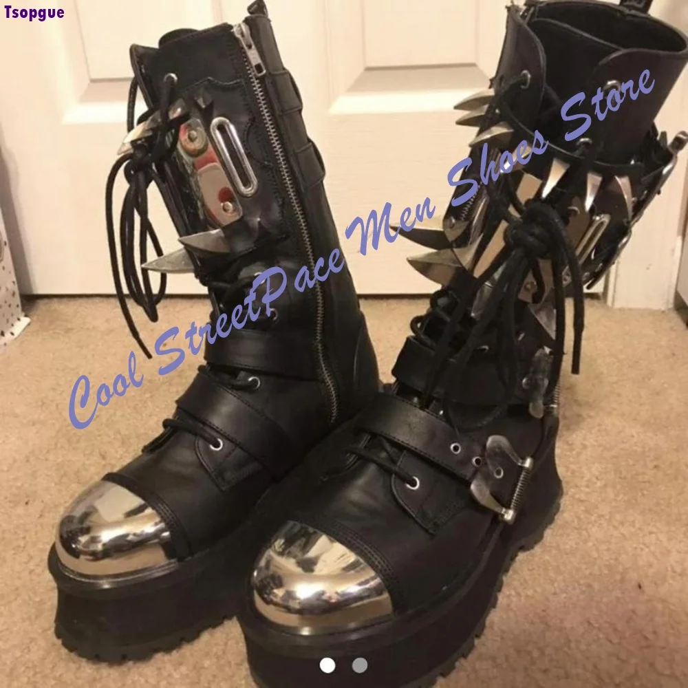 Goth Punk Metal Mid Calf Platform Boots Silver Spike Rivet Decor Multi Buckle Straps Zipper Lace Up Chunky Sole Short Boots