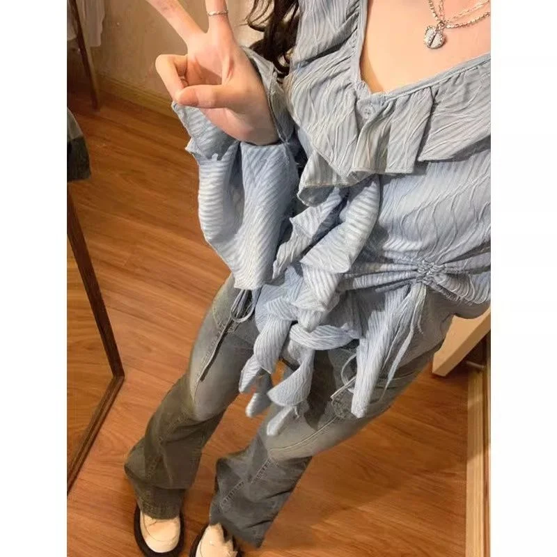 Top de manga larga para mujer, camisa reductora de edad ajustada con volantes y cuello en V, nuevo diseño