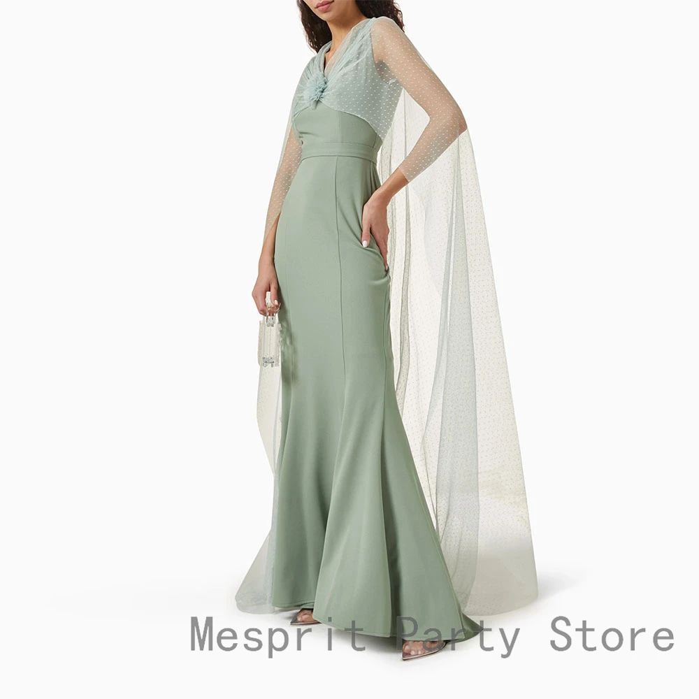 Aangepaste zeemeermin galajurk V-hals avondjurk Mouwloze formele feestjurk Vloerlengte Saoedi-jurk met Tule-sjaal