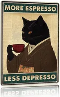 Vintage Black Cat Coffee Poster More Espresso Less Depresso Wall Sign Novelty Metal Tin Sign Home Vintage Art Decor Iron Paintin