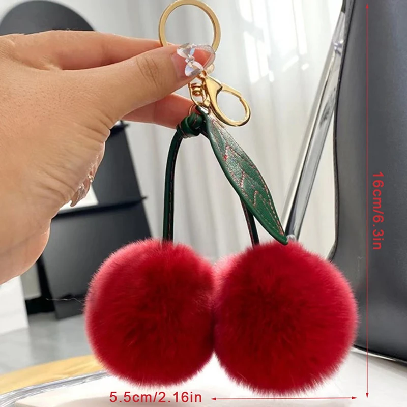 Pingente de chaveiro de carro colorido, boneca pompom fofa, saco e saco pendurado chaveiro para mulheres, cabelo de coelho lontra, cereja, presente, novo