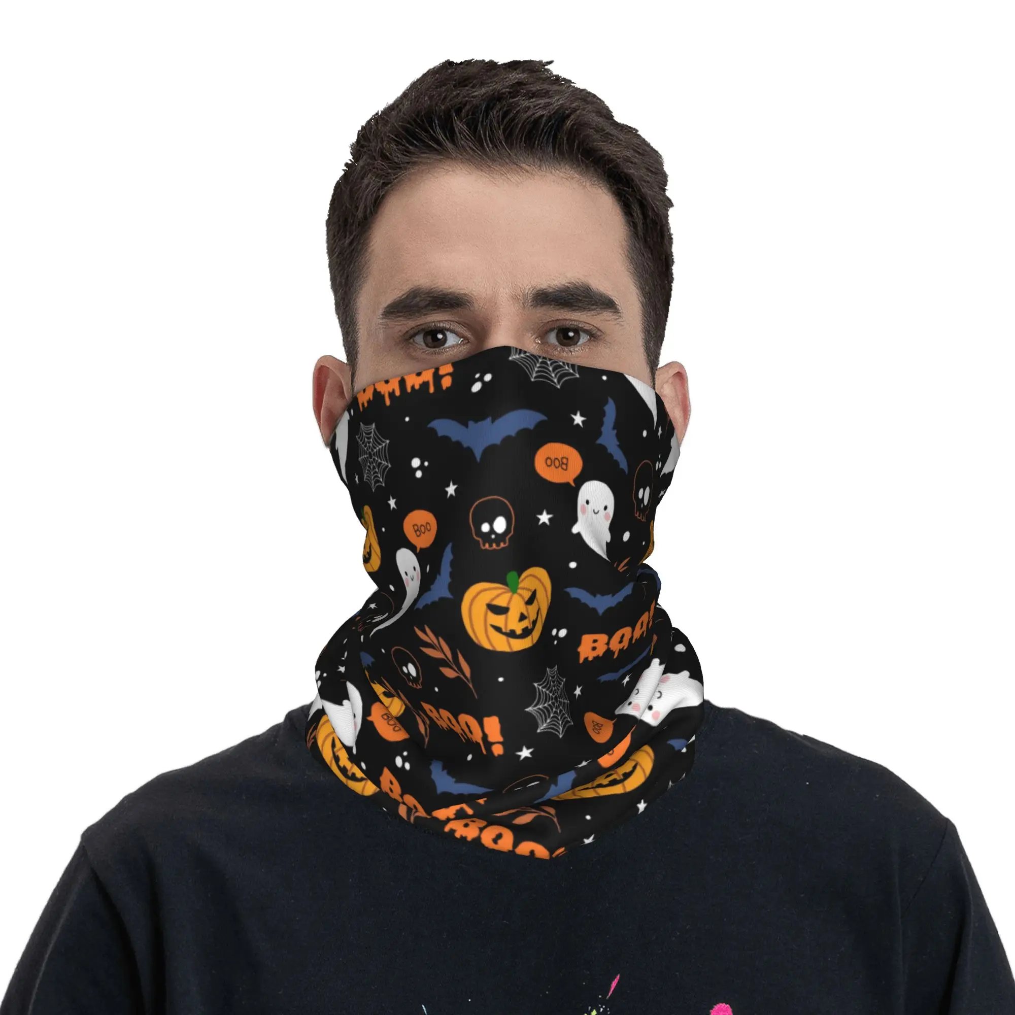Halloween Pumpkin Ghost Cats Bandana Neck Gaiter Windproof Face Scarf Cover Men Women  Headband Tube Balaclava