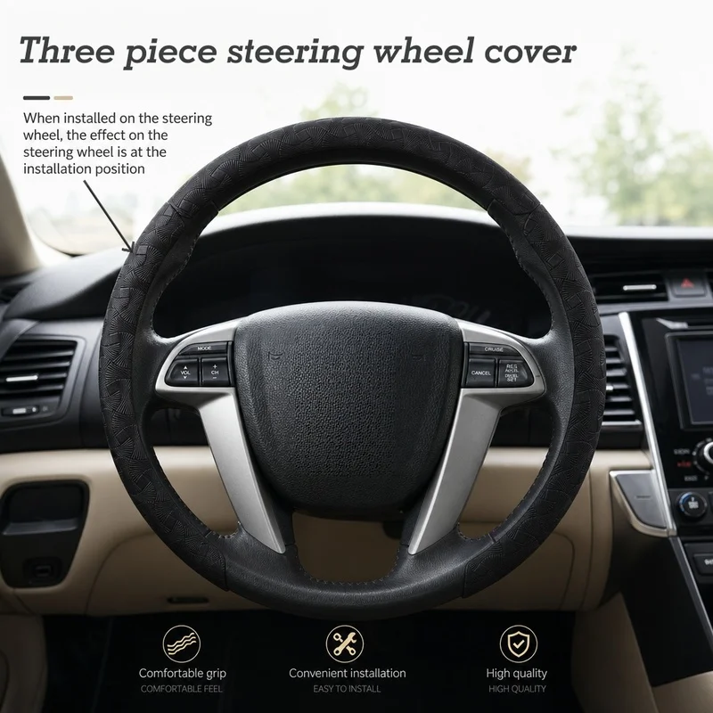 Unbranded car anti-slip fan-shaped embossed pattern PU Leather steering wheel cover3 Segmented type Carbon fiber lined universal