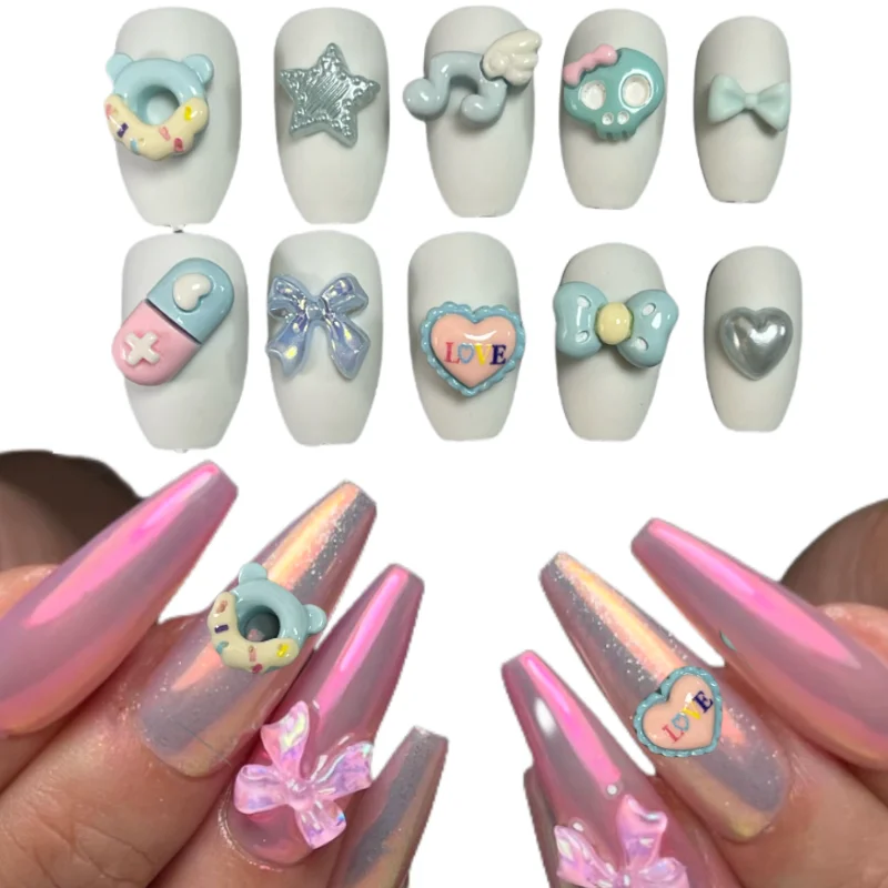 50Pcs Daily Use Baby Blue Kawaii Girls Nail Art Decoration Charms Cute Small Cartoon Capsule Bow Love Heart Note Wings Diy Craft