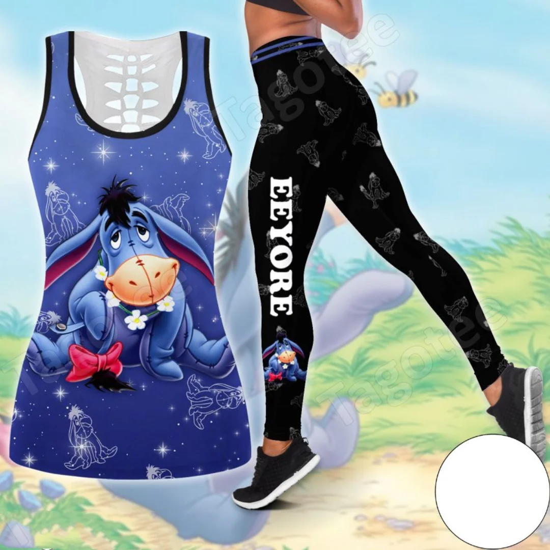 2023 Eeyore Women's Hollow Vest + Women's Leggings Yoga Suit Fitness Leggings Sports Suit Winnie the Pooh Tank Top Legging Set