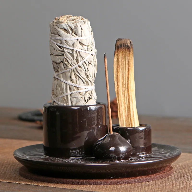 Palo Santo-Sticks-Halter aus Keramik, 4-in-1-Räuchergefäß, Salbei-Halter, Räucherstäbchenhalter, Aschefänger-Tablett für Meditation, Yoga, Zimmer – Detail 7