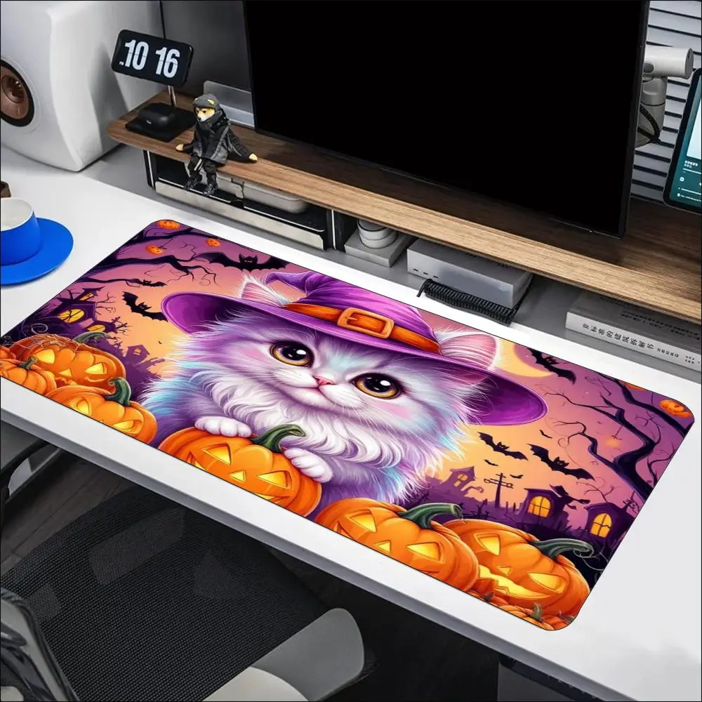 Tabby Cat Witch Hat Pumpkin Bucket Halloween Extended Gaming Pad Non Slip Rubber Base Keyboard Mat Desk Pad for Computer gamer