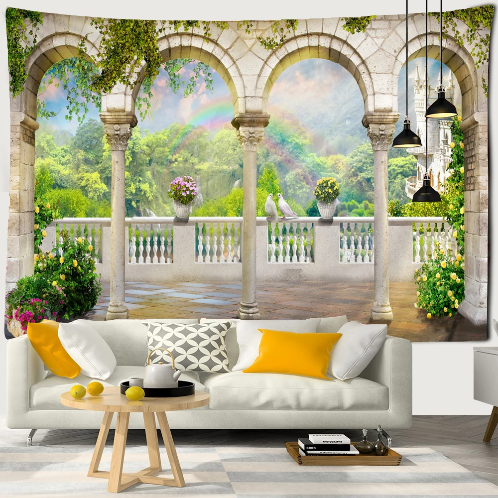 Viewing Platform Tapestry Wall Hang Ancient Rome Middle Ages Column Mountain Forest Castle River City Tapestry Background Cloth