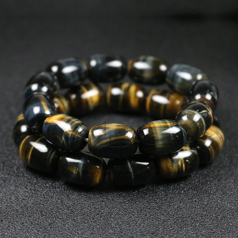 AAA Grade Natural Yellow Blue Tiger Eye Barrel Bead Bracelet Natural Gemstone Stretch Bangle Unisex Fashion Jewelry