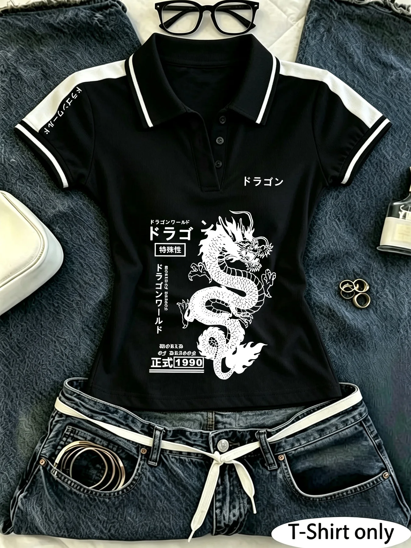 Women's Y2K Crop Polo Shirt, Japanese Dragon Kanji Graphic Print Color‑Block Short Sleeve Collared Slim Fit Street Casual Top