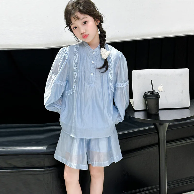 Girls Suits Childrens Sun Protection Suit 2024 New Korean Tensi Bubble Sleeve Top Sweet Loose Culottes Two-piece Set Clothes