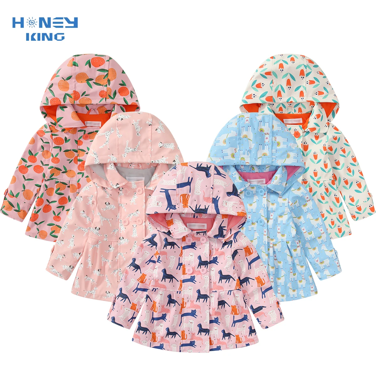 

HONEYKING Baby Waterpoof Rain Jacket Children PU Hooded Raincoat for Girls Unicorn Printed Trench Coats Kids Spring Outerwear