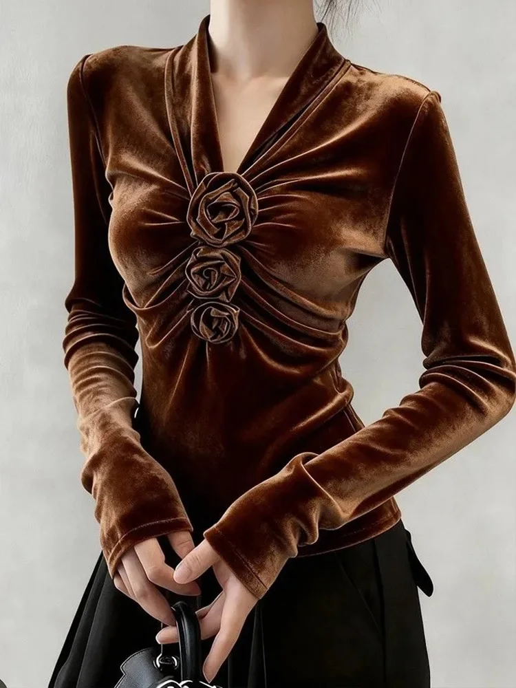 Zoki V Neck Slim Velvet Shirt Women Elegant Vintage Long Sleeve 3D Floral Blouse Korean Fall Casual Retro Soft All Match Tops
