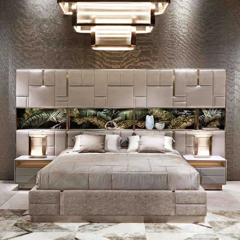 New Design Italian Furniture Storage Metal Classic Bedroom Sets Wedding Queen King Size Bed Modern Genuine Leather Luxury Bed - view 3