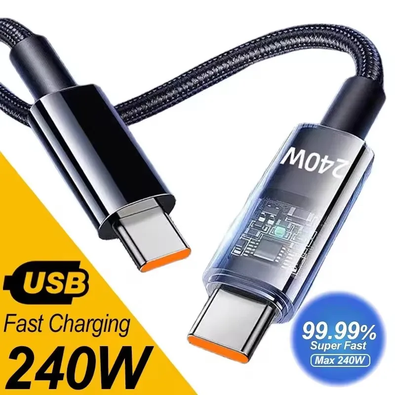 كابل شحن USB C جديد بقوة 240 واط مع شاشة رقمية من النايلون، كابل بيانات USB مزدوج من النوع C للشحن السريع الفائق لأجهزة آيفون وشاومي وهواوي