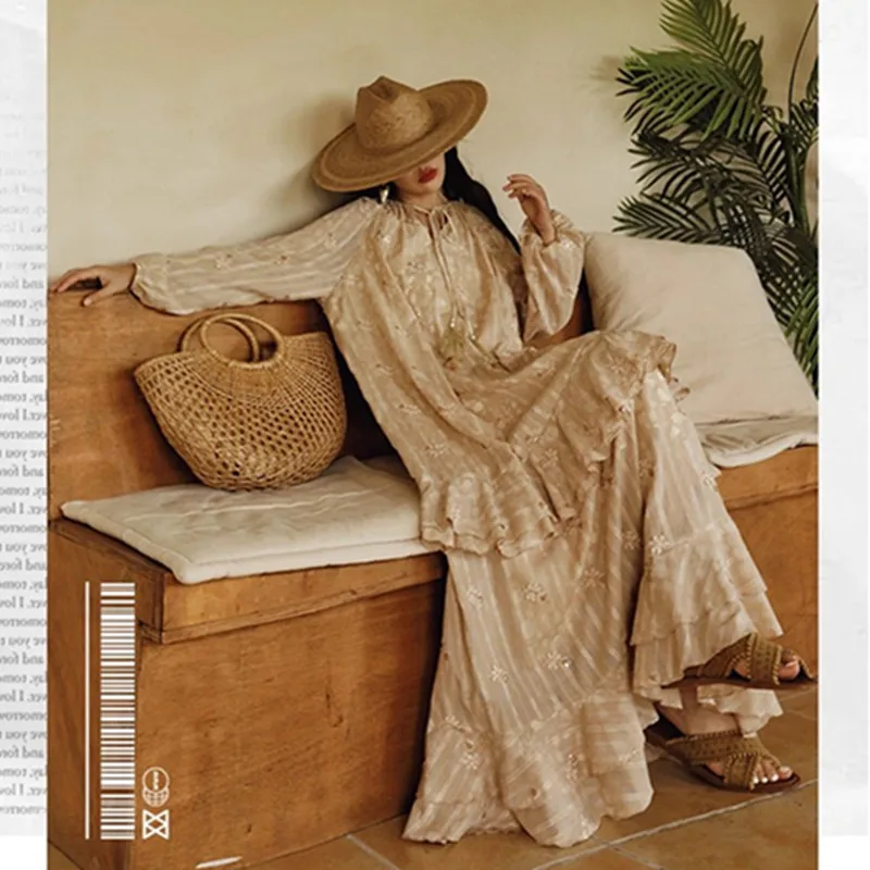 

TIYIHAILEY Spring Autumn Women Embroidery Dresses Loose Beaded Ladies 2025 New Fashion M L Long Maxi Ruffles Lantern Full Sleeve