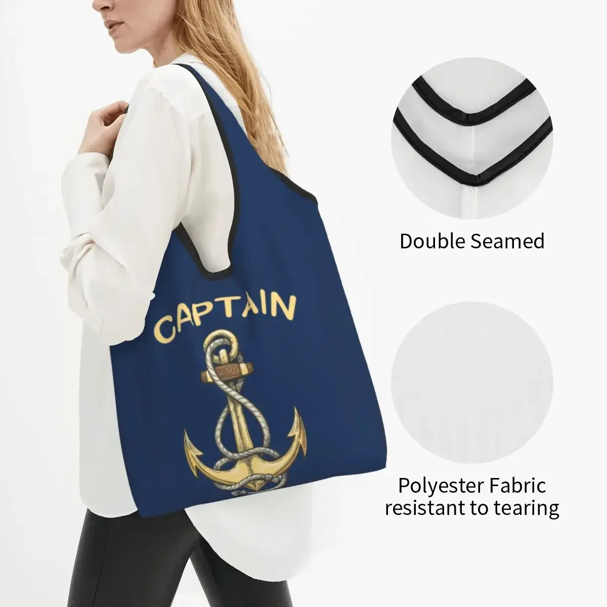 Cute Nautical Captain Anchor Shopping Tote Bag Portable Sailor Adventure Grocery Shoulder Shopper Bag