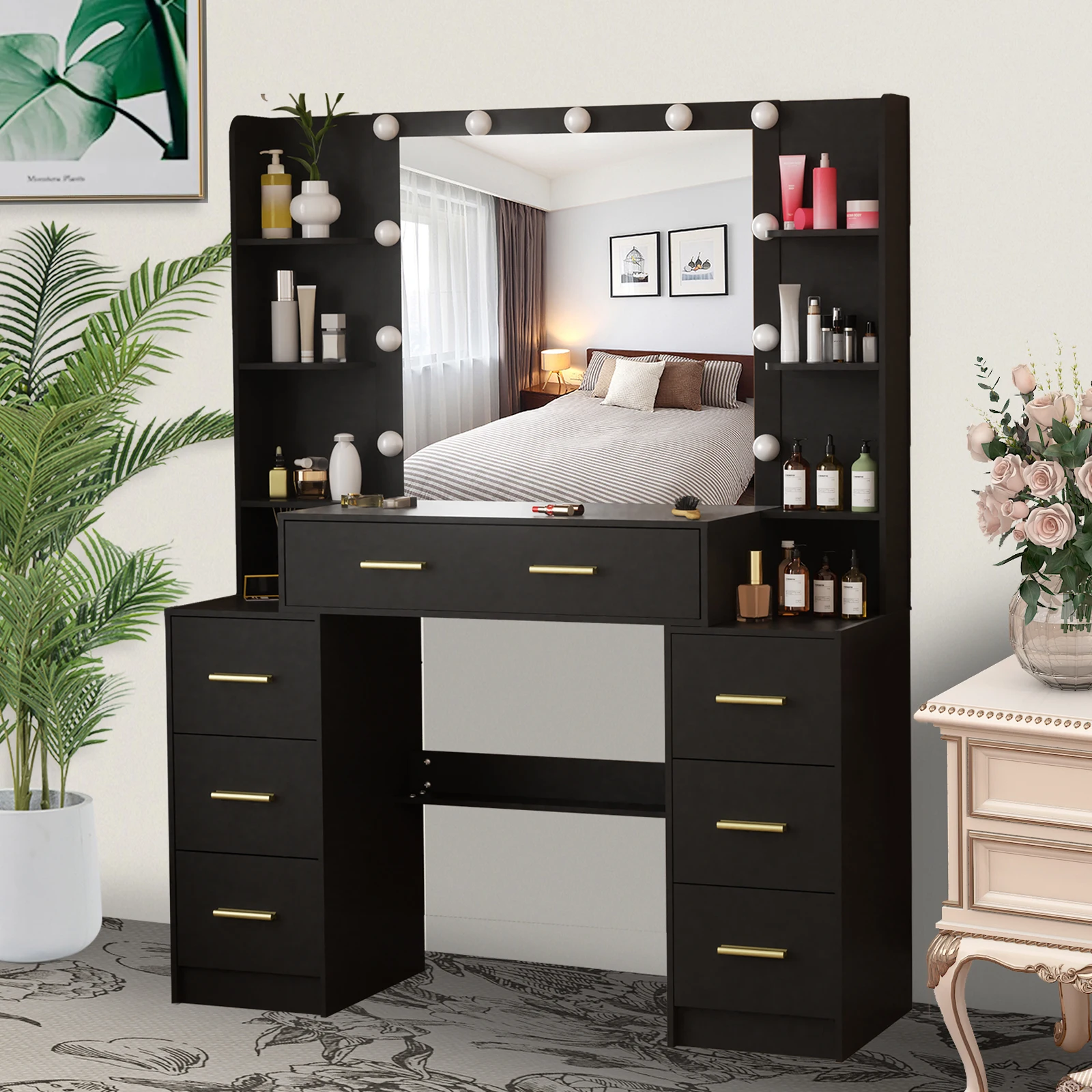 Office Furniture Reborn - 黒の7段引き出し付き化粧台セット（鏡付き）、寝室用モダンメイクアップオーガナイザー収納タワー、頑丈なフレーム付き大容量ドレッシングテーブル