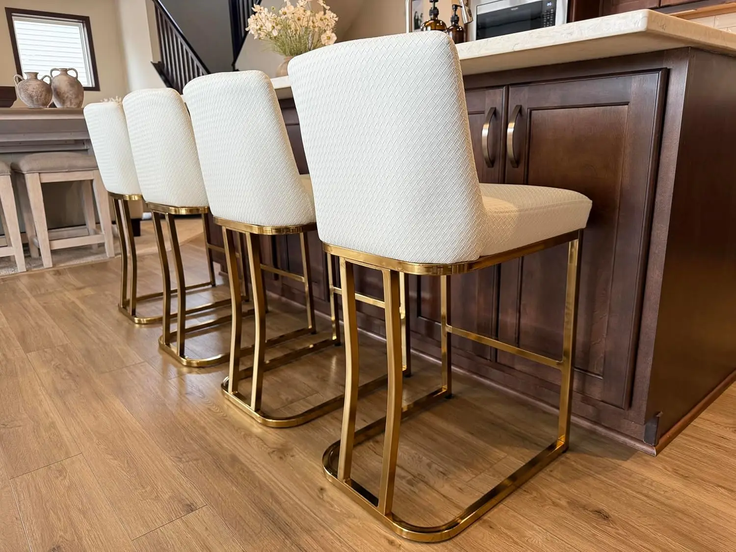 

24 Inch Upholstered Counter Stool With Back & Footrest PU Leather Kitchen Bar Chair White Gold, Customized