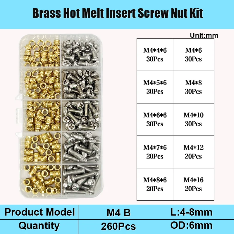 Messing-Einsatzmutter und Schrauben-Sortiment-Set, 260–500 Stück, M2, M3, M4, Hot-Melt-Einsatz, Rändelmutter, Injektions-Einbettungsmutter für 3D-Drucker – Detail 11