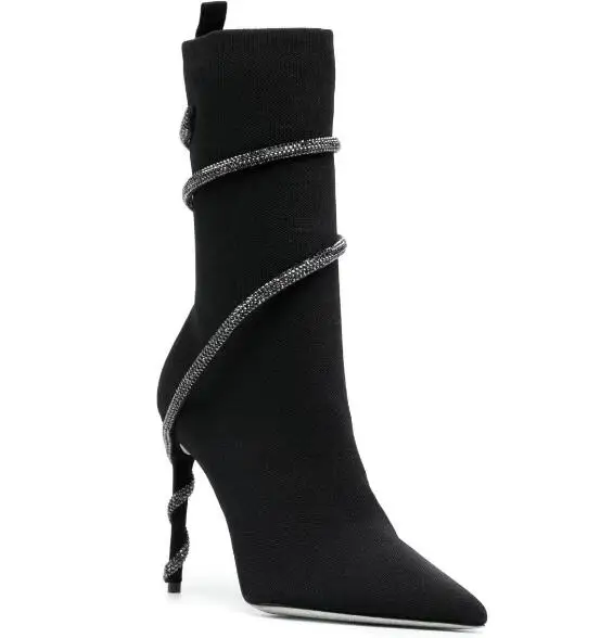 

Carpaton Autumn Stretch Fabric Sock Boots Sexy Pointed Toe Rhinestones Snake Wrap Mid-calf High Heel Boot Fashion Shoes