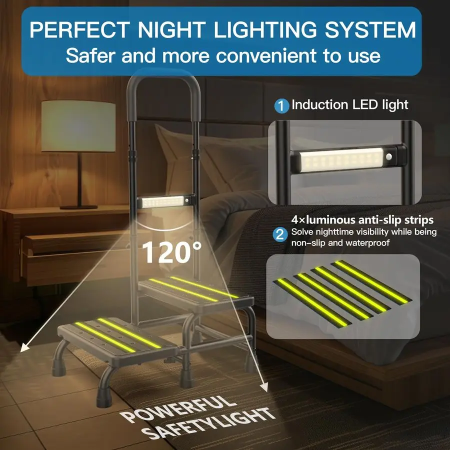 ترقية مقعد بخطوتين مع مقبض لكبار السن مع ضوء ليلي مستشعر، مقعد طبي عالي التحمل مع درابزين قابل للتعديل، سرير #2