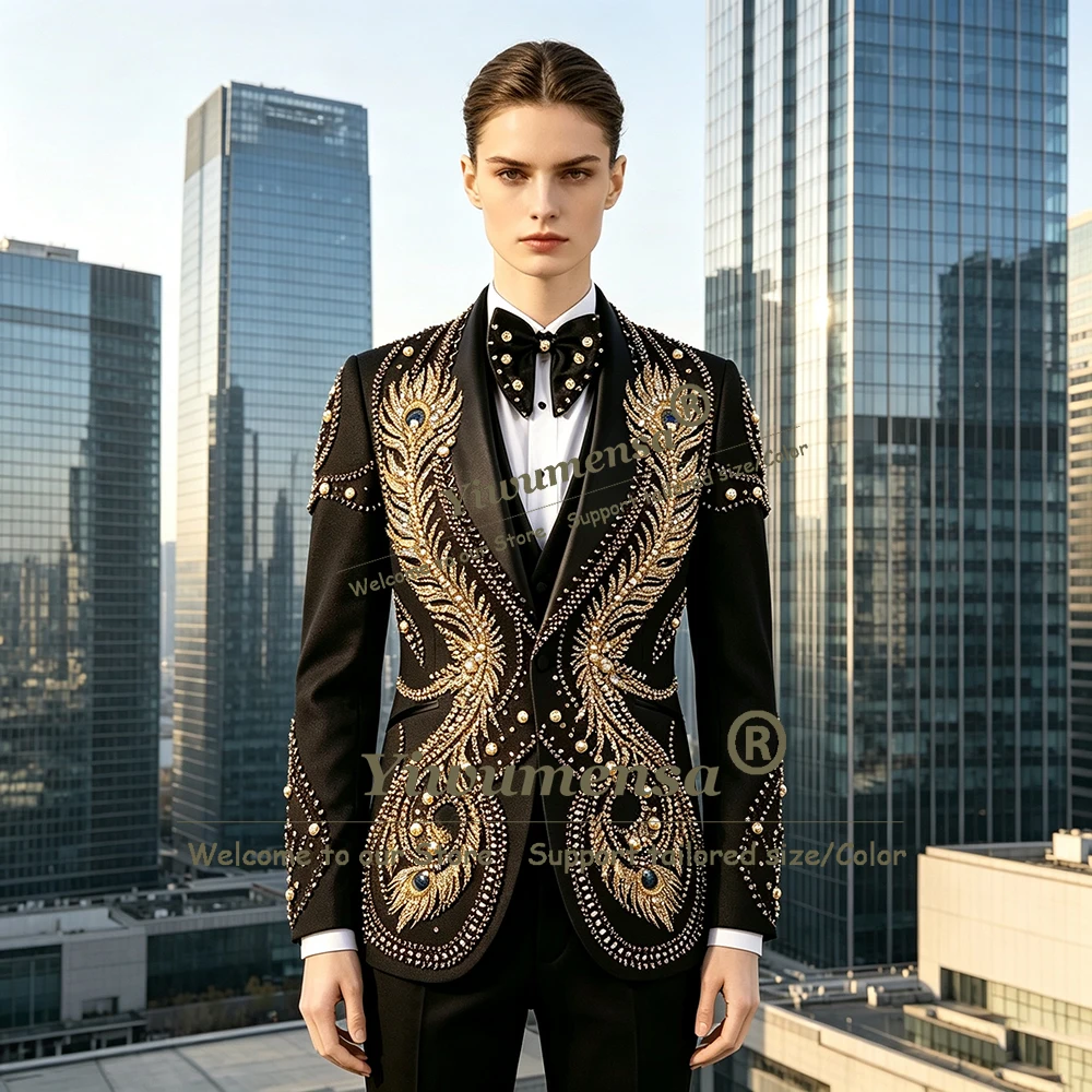 Unique Design Women Suits Sparkly Crystals Beading Jacket Vest Pants 3 Piece Sets Lady Business Tuxedo Customized