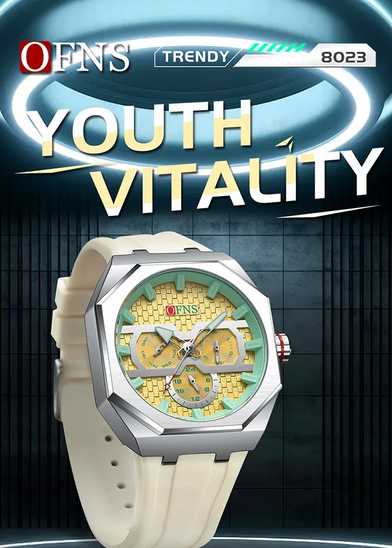 OFNS SD8023 Quartz Watches for Man Multifunction Calendar Luminous Fashion Sports Silicne Strap Wristwatch