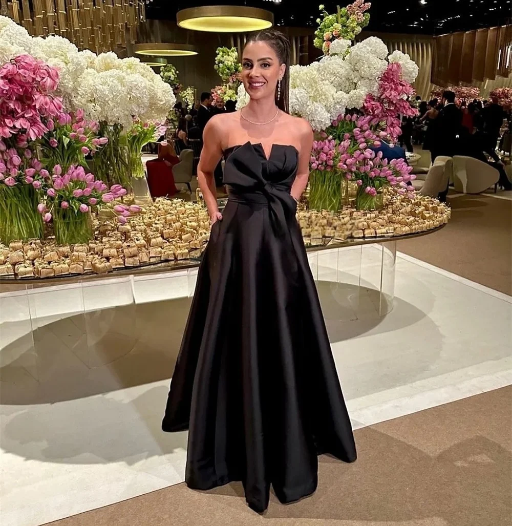 

Black Strapless Bow Long Bespoke Occasion Gown Evening Dresses Prom Pastrol Unisex Jersey Retro Dubai Saudi Arabic Customized