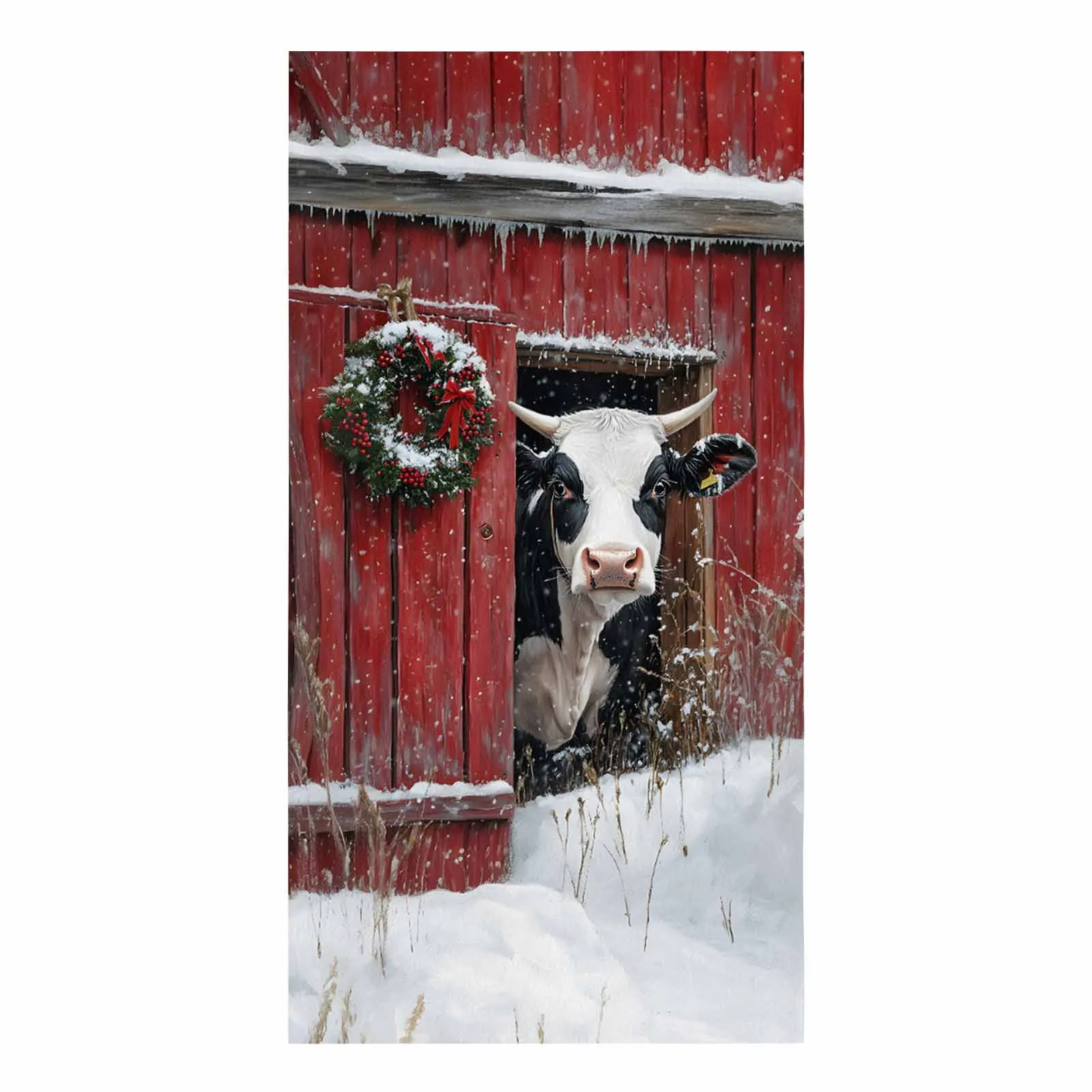 Christmas Red Farmhouse Cow Wreath Bow Printed Tea Hand Towel Kitchen Dishcloth Water Absorption Household Cleaning Cloth